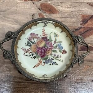 Antique Porcelain Bonbon Dish Brass Mount Floral Fruit Vanity Bowl‎ c1910s